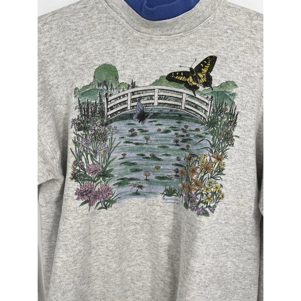 Vintage Morning Sun Mock Neck  Sweatshirt Sz L Pond Scene Florals Butteflies - Picture 2 of 5